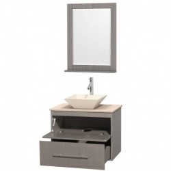 30 inch Single Bathroom Vanity in Gray Oak, Ivory Marble Countertop, Pyra Bone Porcelain Sink, and 24 inch Mirror
