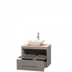 30 inch Single Bathroom Vanity in Gray Oak, Ivory Marble Countertop, Pyra Bone Porcelain Sink, and No Mirror