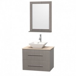 30 inch Single Bathroom Vanity in Gray Oak, Ivory Marble Countertop, Pyra White Porcelain Sink, and 24 inch Mirror