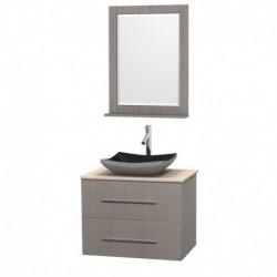 30 inch Single Bathroom Vanity in Gray Oak, Ivory Marble Countertop, Altair Black Granite Sink, and 24 inch Mirror