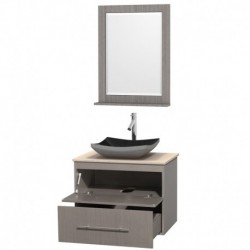 30 inch Single Bathroom Vanity in Gray Oak, Ivory Marble Countertop, Altair Black Granite Sink, and 24 inch Mirror