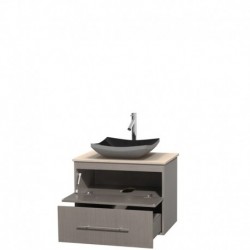 30 inch Single Bathroom Vanity in Gray Oak, Ivory Marble Countertop, Altair Black Granite Sink, and No Mirror
