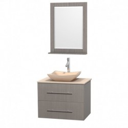 30 inch Single Bathroom Vanity in Gray Oak, Ivory Marble Countertop, Avalon Ivory Marble Sink, and 24 inch Mirror