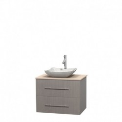 30 inch Single Bathroom Vanity in Gray Oak, Ivory Marble Countertop, Avalon White Carrera Marble Sink, and No Mirror