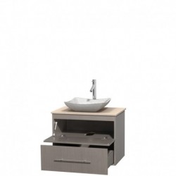 30 inch Single Bathroom Vanity in Gray Oak, Ivory Marble Countertop, Avalon White Carrera Marble Sink, and No Mirror