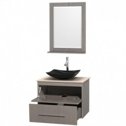 30 inch Single Bathroom Vanity in Gray Oak, Ivory Marble Countertop, Arista Black Granite Sink, and 24 inch Mirror
