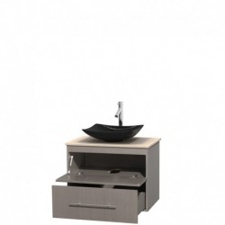 30 inch Single Bathroom Vanity in Gray Oak, Ivory Marble Countertop, Arista Black Granite Sink, and No Mirror