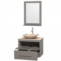 30 inch Single Bathroom Vanity in Gray Oak, Ivory Marble Countertop, Arista Ivory Marble Sink, and 24 inch Mirror