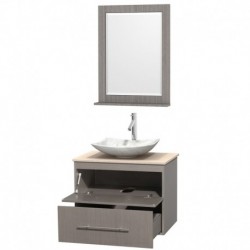 30 inch Single Bathroom Vanity in Gray Oak, Ivory Marble Countertop, Arista White Carrera Marble Sink, and 24 inch Mirror