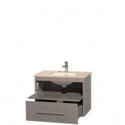 30 inch Single Bathroom Vanity in Gray Oak, Ivory Marble Countertop, Undermount Square Sink, and No Mirror