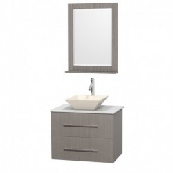 30 inch Single Bathroom Vanity in Gray Oak, White Man-Made Stone Countertop, Pyra Bone Porcelain Sink, and 24 inch Mirror