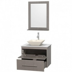 30 inch Single Bathroom Vanity in Gray Oak, White Man-Made Stone Countertop, Pyra Bone Porcelain Sink, and 24 inch Mirror