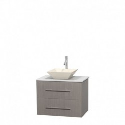 30 inch Single Bathroom Vanity in Gray Oak, White Man-Made Stone Countertop, Pyra Bone Porcelain Sink, and No Mirror