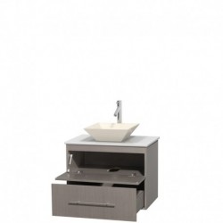 30 inch Single Bathroom Vanity in Gray Oak, White Man-Made Stone Countertop, Pyra Bone Porcelain Sink, and No Mirror