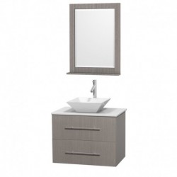30 inch Single Bathroom Vanity in Gray Oak, White Man-Made Stone Countertop, Pyra White Porcelain Sink, and 24 inch Mirror
