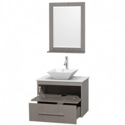30 inch Single Bathroom Vanity in Gray Oak, White Man-Made Stone Countertop, Pyra White Porcelain Sink, and 24 inch Mirror