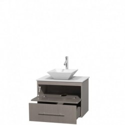 30 inch Single Bathroom Vanity in Gray Oak, White Man-Made Stone Countertop, Pyra White Porcelain Sink, and No Mirror