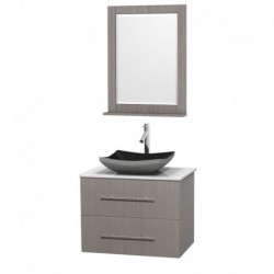 30 inch Single Bathroom Vanity in Gray Oak, White Man-Made Stone Countertop, Altair Black Granite Sink, and 24 inch Mirror