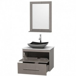 30 inch Single Bathroom Vanity in Gray Oak, White Man-Made Stone Countertop, Altair Black Granite Sink, and 24 inch Mirror