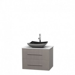 30 inch Single Bathroom Vanity in Gray Oak, White Man-Made Stone Countertop, Altair Black Granite Sink, and No Mirror