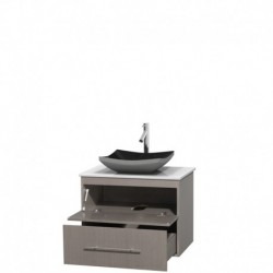 30 inch Single Bathroom Vanity in Gray Oak, White Man-Made Stone Countertop, Altair Black Granite Sink, and No Mirror