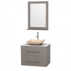 30 inch Single Bathroom Vanity in Gray Oak, White Man-Made Stone Countertop, Avalon Ivory Marble Sink, and 24 inch Mirror
