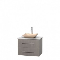 30 inch Single Bathroom Vanity in Gray Oak, White Man-Made Stone Countertop, Avalon Ivory Marble Sink, and No Mirror