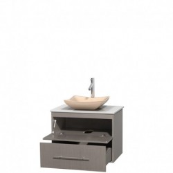 30 inch Single Bathroom Vanity in Gray Oak, White Man-Made Stone Countertop, Avalon Ivory Marble Sink, and No Mirror