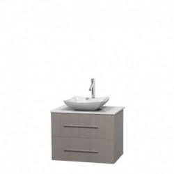 30 inch Single Bathroom Vanity in Gray Oak, White Man-Made Stone Countertop, Avalon White Carrera Marble Sink, and No Mirror