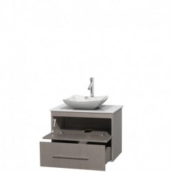 30 inch Single Bathroom Vanity in Gray Oak, White Man-Made Stone Countertop, Avalon White Carrera Marble Sink, and No Mirror