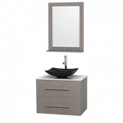 30 inch Single Bathroom Vanity in Gray Oak, White Man-Made Stone Countertop, Arista Black Granite Sink, and 24 inch Mirror