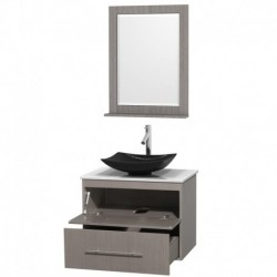 30 inch Single Bathroom Vanity in Gray Oak, White Man-Made Stone Countertop, Arista Black Granite Sink, and 24 inch Mirror