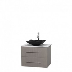30 inch Single Bathroom Vanity in Gray Oak, White Man-Made Stone Countertop, Arista Black Granite Sink, and No Mirror