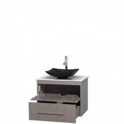 30 inch Single Bathroom Vanity in Gray Oak, White Man-Made Stone Countertop, Arista Black Granite Sink, and No Mirror