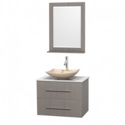 30 inch Single Bathroom Vanity in Gray Oak, White Man-Made Stone Countertop, Arista Ivory Marble Sink, and 24 inch Mirror