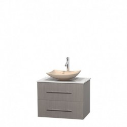 30 inch Single Bathroom Vanity in Gray Oak, White Man-Made Stone Countertop, Arista Ivory Marble Sink, and No Mirror