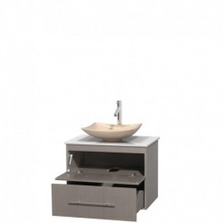 30 inch Single Bathroom Vanity in Gray Oak, White Man-Made Stone Countertop, Arista Ivory Marble Sink, and No Mirror