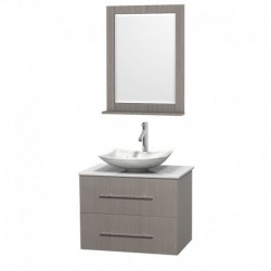 30 inch Single Bathroom Vanity in Gray Oak, White Man-Made Stone Countertop, Arista White Carrera Marble Sink, and 24 inch Mirr