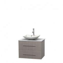 30 inch Single Bathroom Vanity in Gray Oak, White Man-Made Stone Countertop, Arista White Carrera Marble Sink, and No Mirror