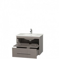 30 inch Single Bathroom Vanity in Gray Oak, White Man-Made Stone Countertop, Undermount Square Sink, and No Mirror