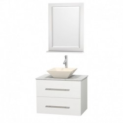 30 inch Single Bathroom Vanity in Matte White, White Carrera Marble Countertop, Pyra Bone Porcelain Sink, and 24 inch Mirror