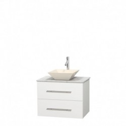 30 inch Single Bathroom Vanity in Matte White, White Carrera Marble Countertop, Pyra Bone Porcelain Sink, and No Mirror
