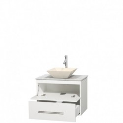 30 inch Single Bathroom Vanity in Matte White, White Carrera Marble Countertop, Pyra Bone Porcelain Sink, and No Mirror
