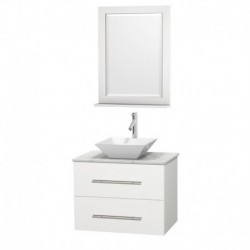 30 inch Single Bathroom Vanity in Matte White, White Carrera Marble Countertop, Pyra White Porcelain Sink, and 24 inch Mirror