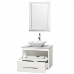 30 inch Single Bathroom Vanity in Matte White, White Carrera Marble Countertop, Pyra White Porcelain Sink, and 24 inch Mirror