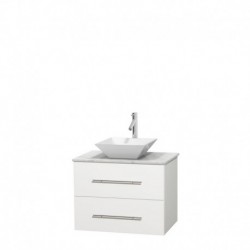 30 inch Single Bathroom Vanity in Matte White, White Carrera Marble Countertop, Pyra White Porcelain Sink, and No Mirror