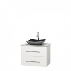 30 inch Single Bathroom Vanity in Matte White, White Carrera Marble Countertop, Altair Black Granite Sink, and No Mirror