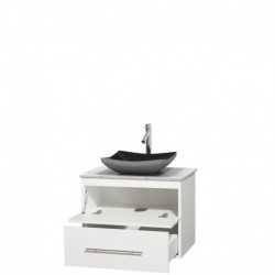 30 inch Single Bathroom Vanity in Matte White, White Carrera Marble Countertop, Altair Black Granite Sink, and No Mirror