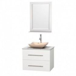 30 inch Single Bathroom Vanity in Matte White, White Carrera Marble Countertop, Avalon Ivory Marble Sink, and 24 inch Mirror