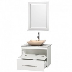 30 inch Single Bathroom Vanity in Matte White, White Carrera Marble Countertop, Avalon Ivory Marble Sink, and 24 inch Mirror